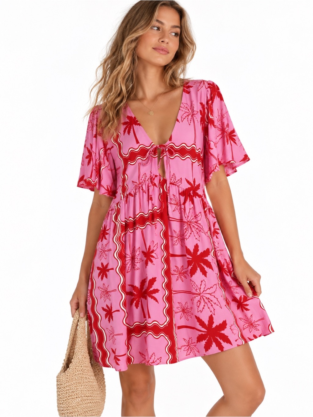 LABEL OF LOVE Pink & Red Floral Tie-Front Summer Resort Wear Vacation Dress